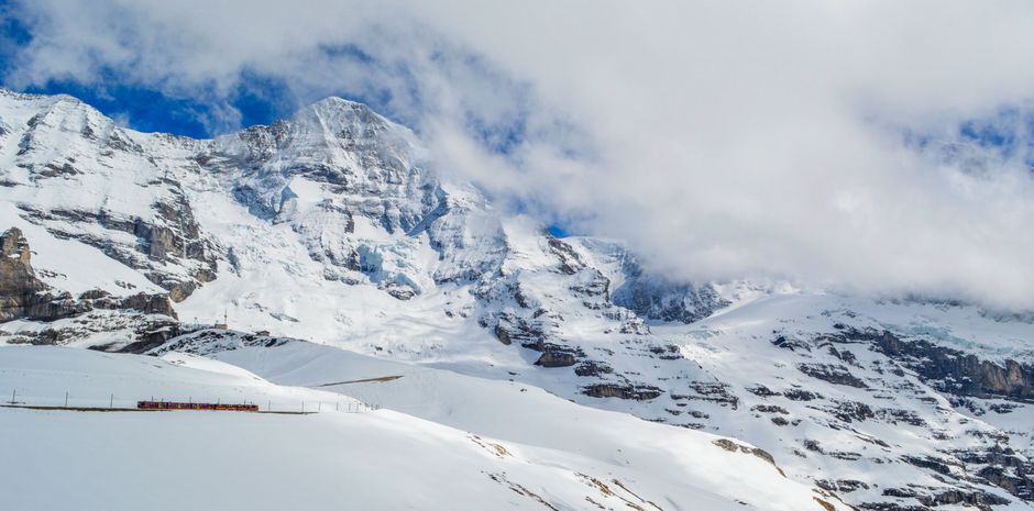 Panoramic train journey through the Swiss Alps, Switzerland