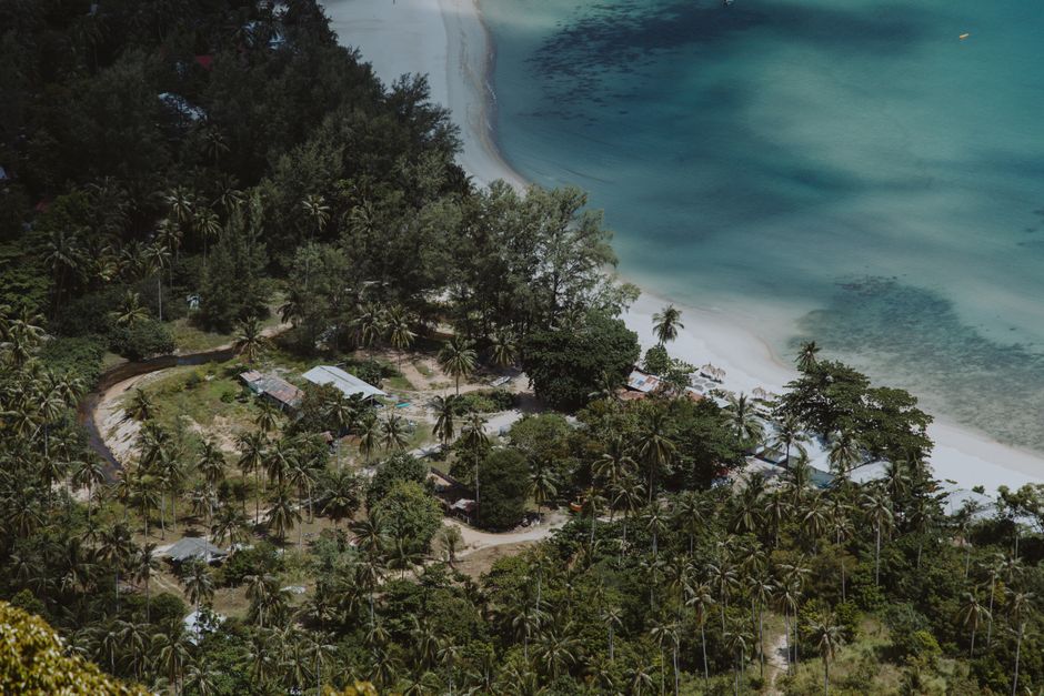 Sunny beach in Thailand with clear blue water and palm trees