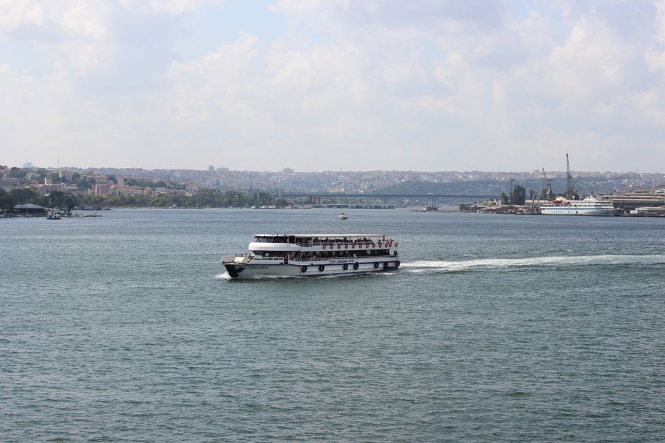 Ferry approaching Buyukada, Princes' Islands, Turkey with historic mansions
