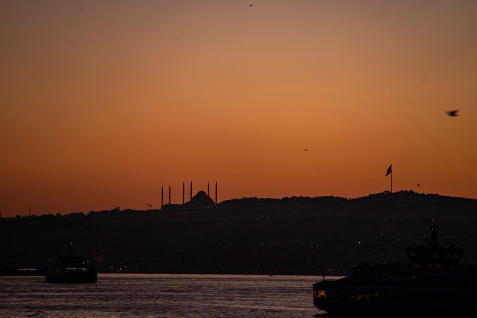 Sunset over the Bosphorus Strait in Istanbul, Turkey, showcasing beautiful weather