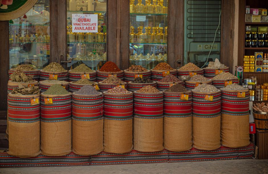 Vibrant street food market in Dubai, UAE, with various local dishes
