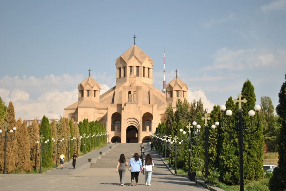 Modern exterior of Zvartnots International Airport in Yerevan, Armenia