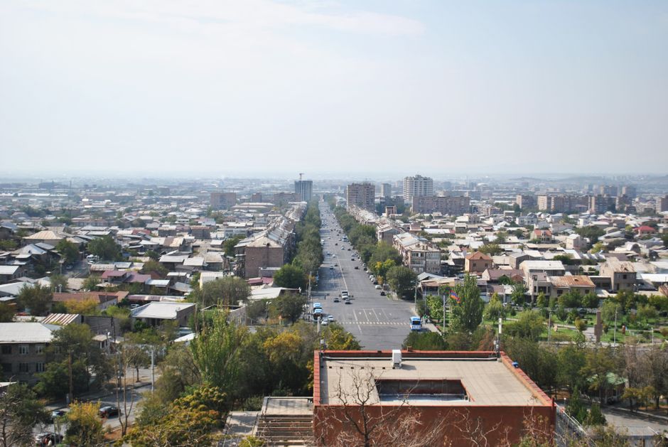 Armenian emergency services vehicle with a backdrop of Yerevan city