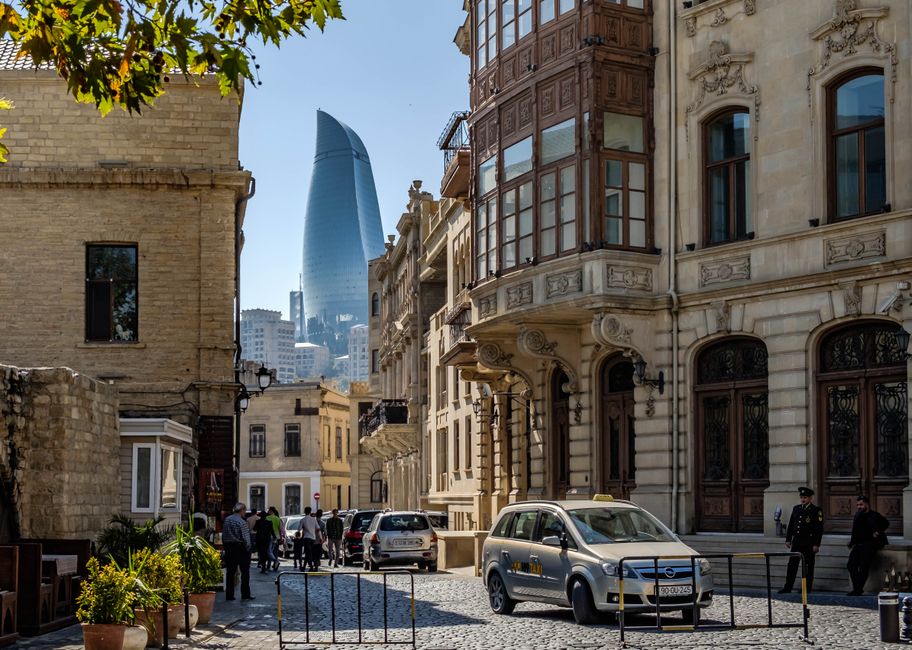 Historic Old City of Baku, Azerbaijan with Maiden Tower at sunset