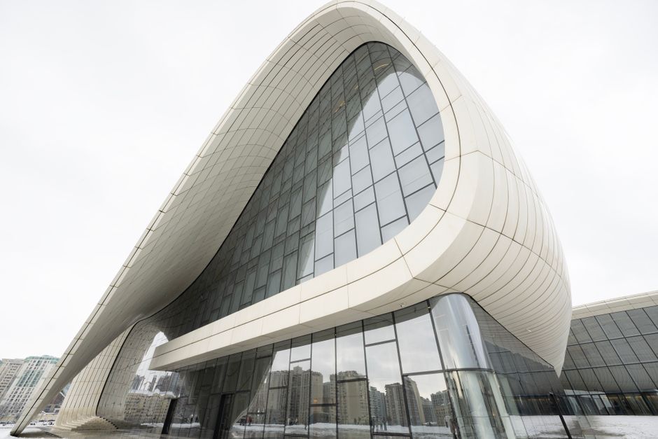 Modern exterior of Baku Heydar Aliyev International Airport in Azerbaijan