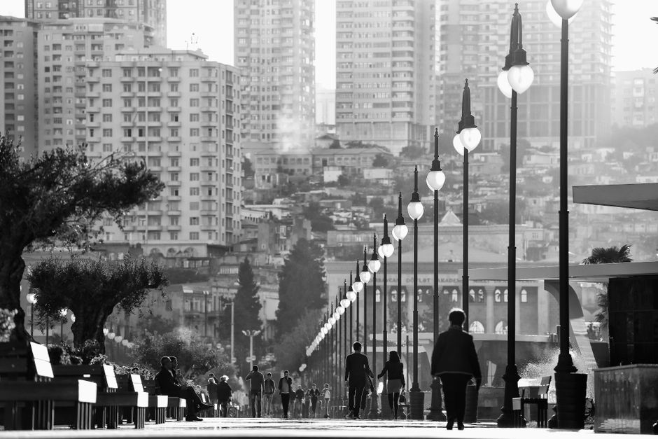 Vibrant street scene in Baku, Azerbaijan, showing daily life and local atmosphere