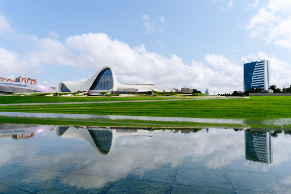 Modern exterior of Heydar Aliyev International Airport in Baku, Azerbaijan