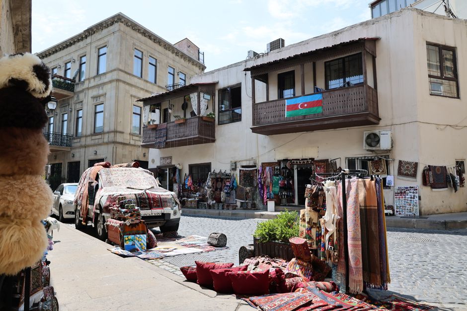 A vibrant traditional bazaar in Azerbaijan with local crafts and spices