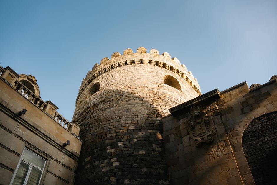 Sunny day in Baku Old City, Azerbaijan, showing clear skies and historic architecture
