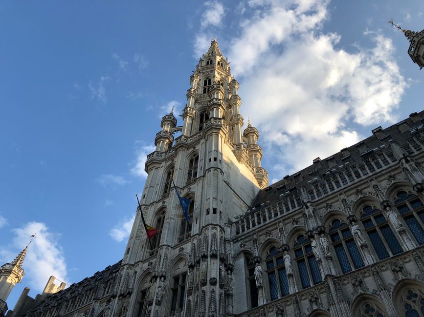Tourist using a smartphone with Grand Place Brussels in the background, showing internet connectivity in Belgium