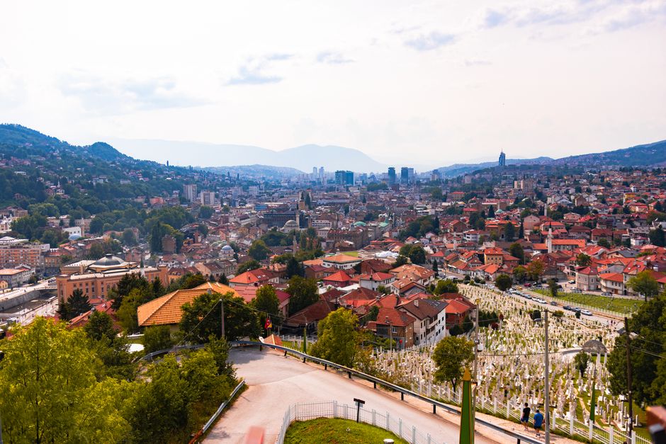 Historic Bascarsija market in Sarajevo, Bosnia and Herzegovina, bustling with travelers