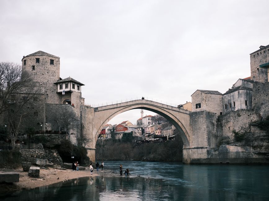 Iconic Stari Most bridge in Mostar, Bosnia and Herzegovina, spanning the Neretva River.