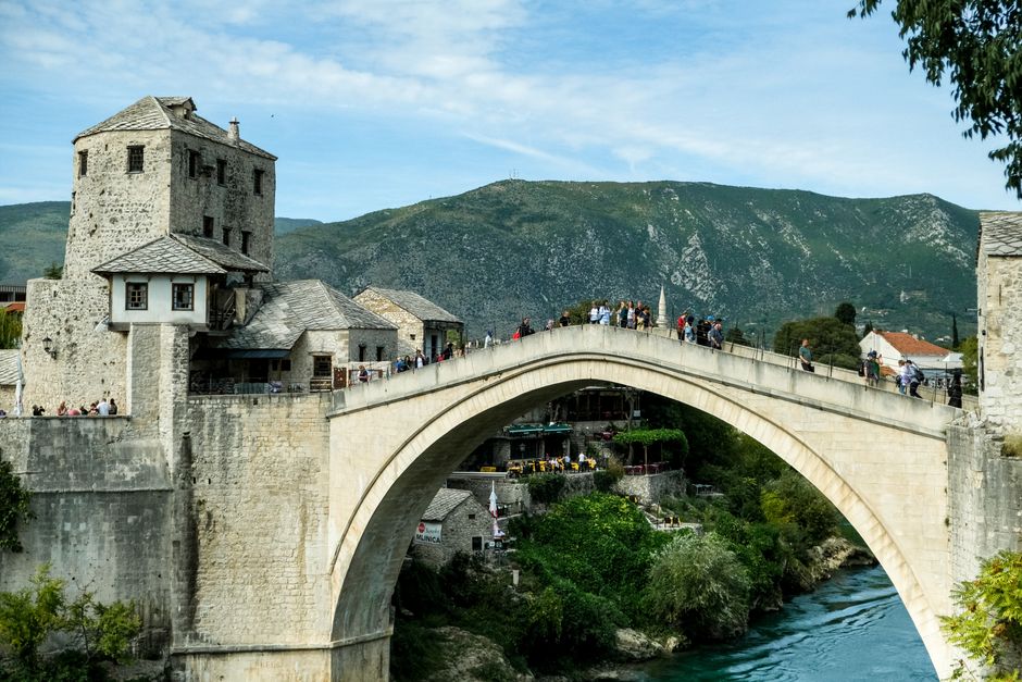 Iconic Stari Most bridge over Neretva River in Mostar, Bosnia and Herzegovina, a popular day trip destination