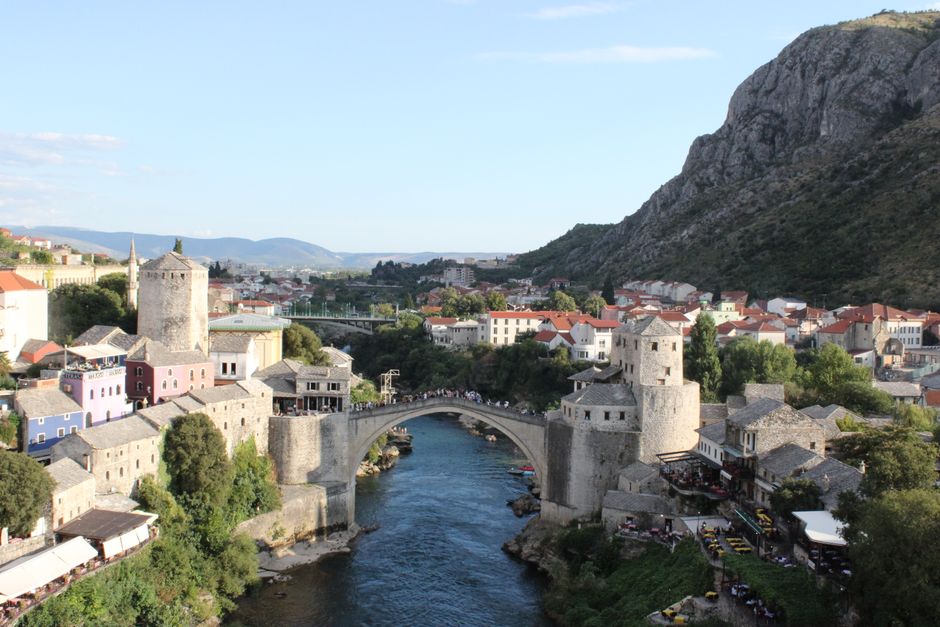 Iconic Stari Most bridge over the Neretva river in Mostar, Bosnia and Herzegovina at sunset
