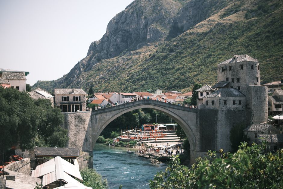 Historic Stari Most bridge over Neretva River in Mostar, Bosnia and Herzegovina