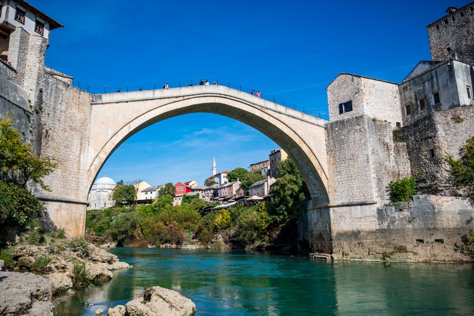Iconic Stari Most bridge in Mostar, Bosnia and Herzegovina, with turquoise river below