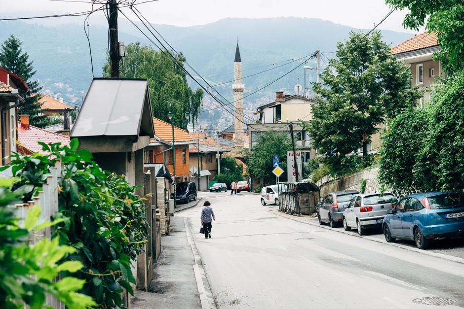 Historic tram passing through Baščaršija old town in Sarajevo, Bosnia and Herzegovina