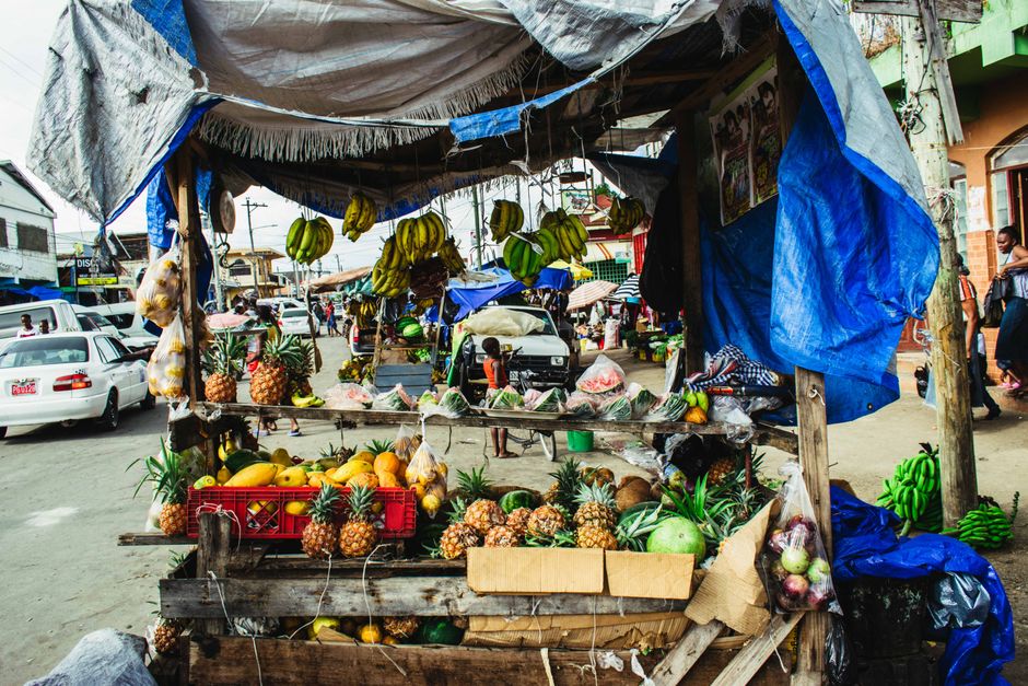 Vibrant street market in the Dominican Republic showing local produce and goods