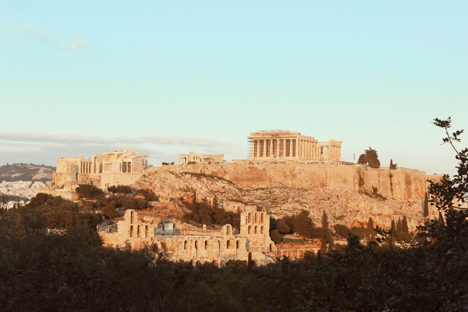 Panoramic view of the Acropolis of Athens at sunset, Greece