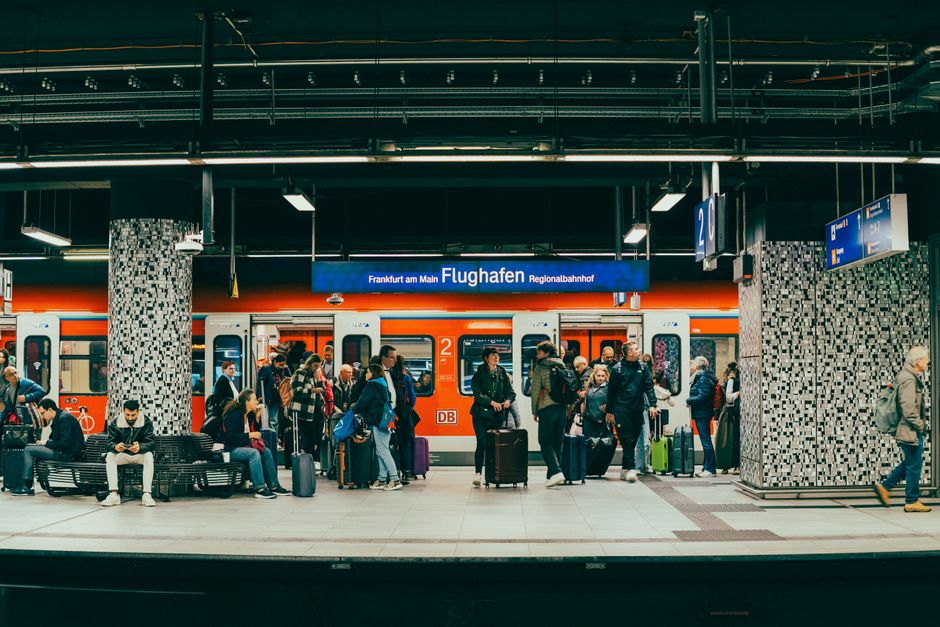 Modern train station at Ben Gurion Airport, Israel, with a train arriving