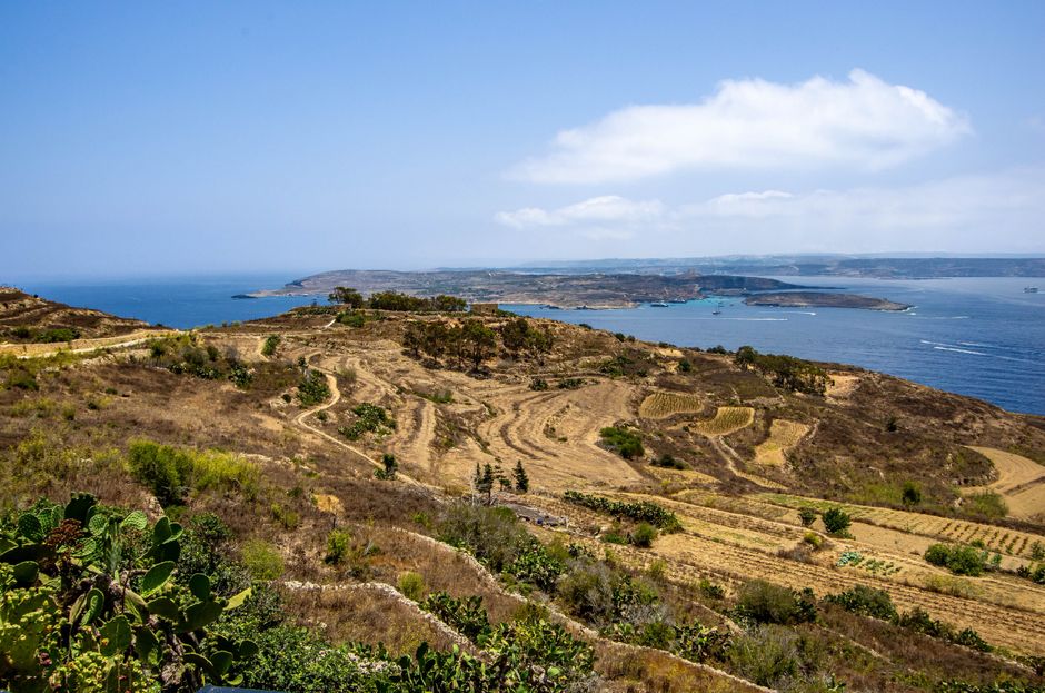 Panoramic view of Gozo island from the ferry approaching Mġarr Harbour, Malta