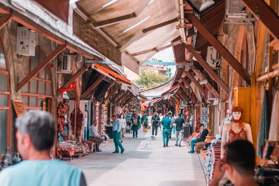 Vibrant Old Bazaar in Skopje, North Macedonia, bustling with local life and traditional architecture