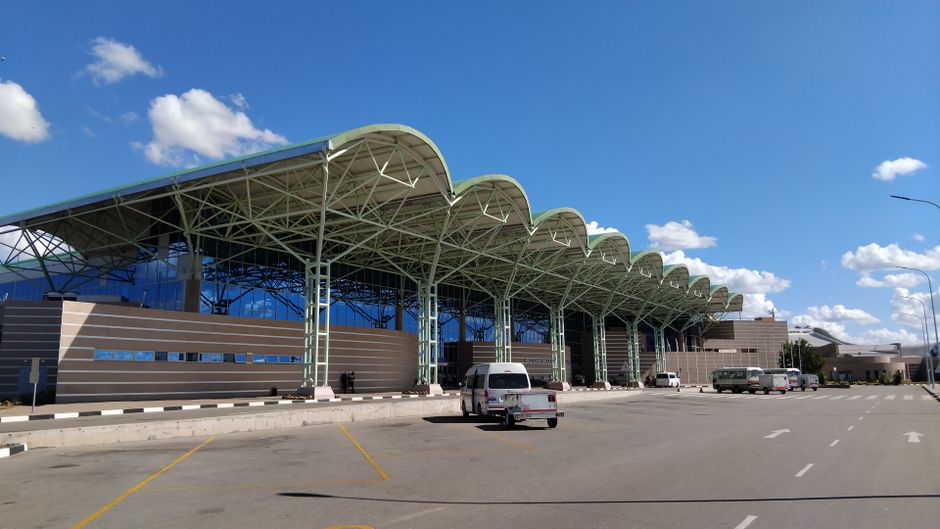 Modern terminal building of Skopje International Airport in North Macedonia.