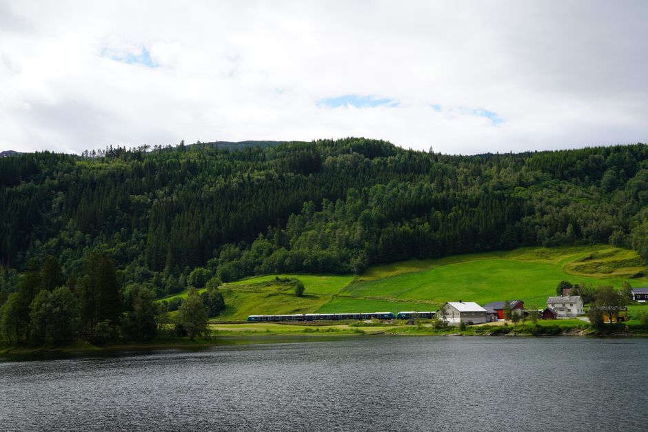 Scenic train journey through the Norwegian fjords and mountains