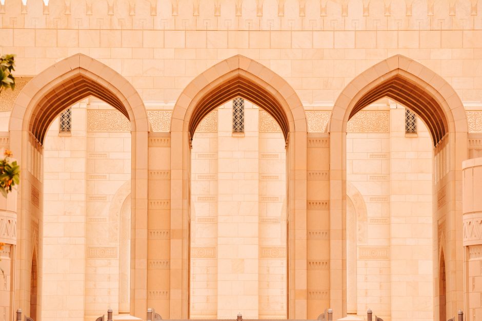 Grand Sultan Qaboos Mosque in Muscat, Oman, welcoming travelers.