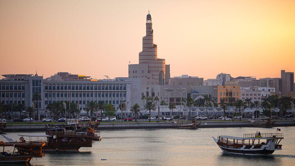 Iconic Museum of Islamic Art with the modern Doha skyline in Qatar