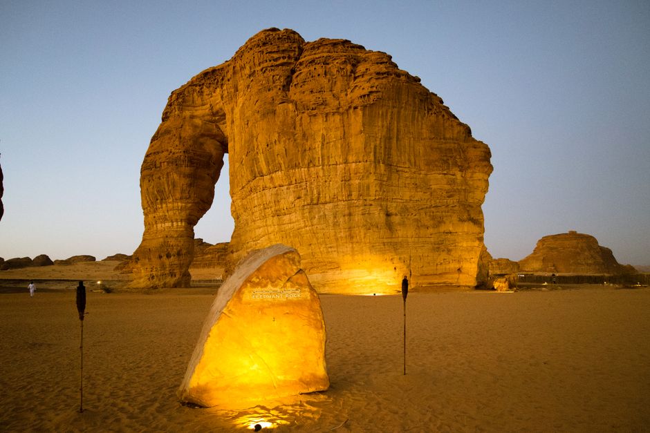Ancient Nabataean tombs carved into rock formations at Hegra, AlUla, Saudi Arabia