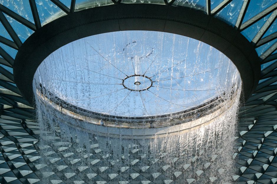 The stunning HSBC Rain Vortex waterfall inside Jewel Changi Airport, Singapore