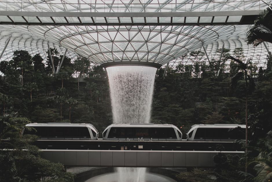 Modern interior of Singapore Changi Airport with natural light and lush greenery
