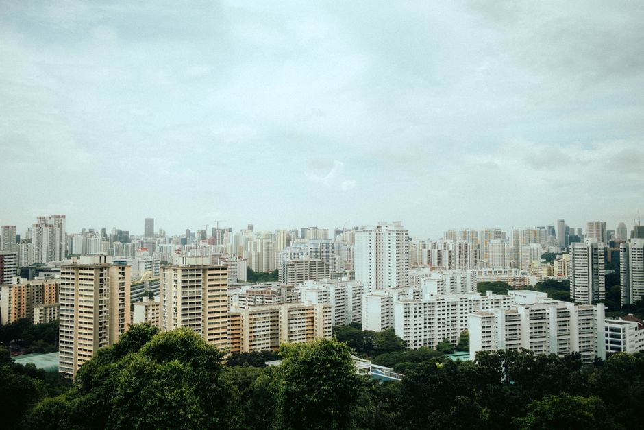 Sunny Singapore skyline with modern buildings and lush greenery