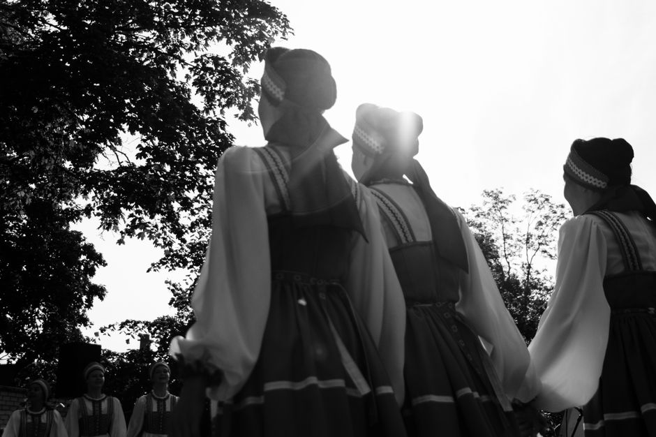 Lively traditional Slovak folk dancers in colorful costumes at a festival in Slovakia