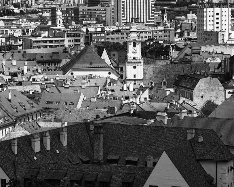 Historic Old Town square in Bratislava, Slovakia with St. Martin's Cathedral in the background