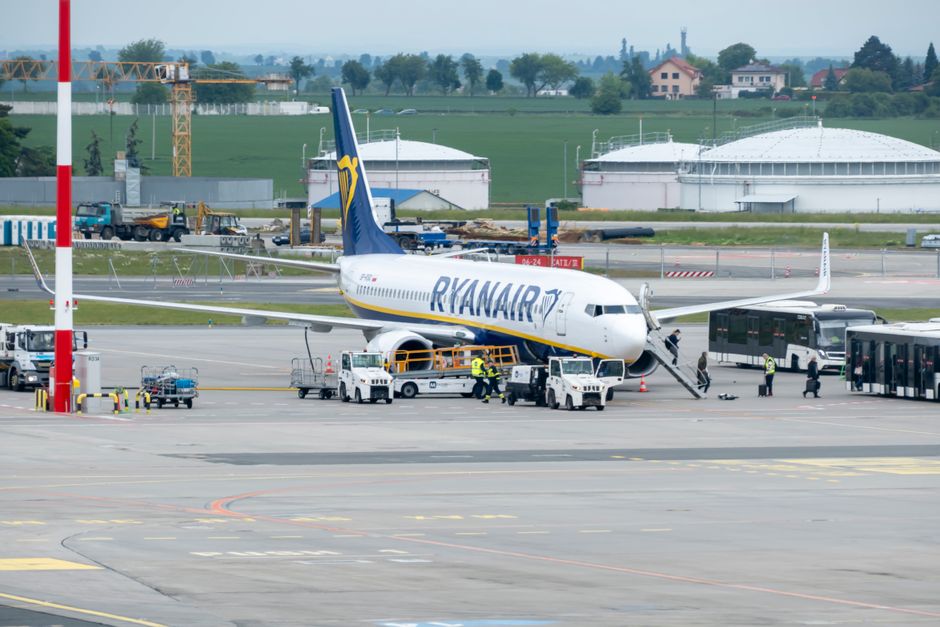 Tourist buying a prepaid SIM card at Bratislava Airport, Slovakia