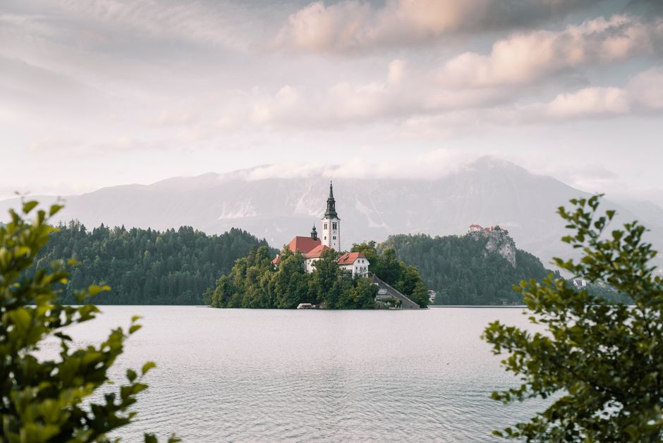 Iconic view of Lake Bled with its island church and castle in Slovenia