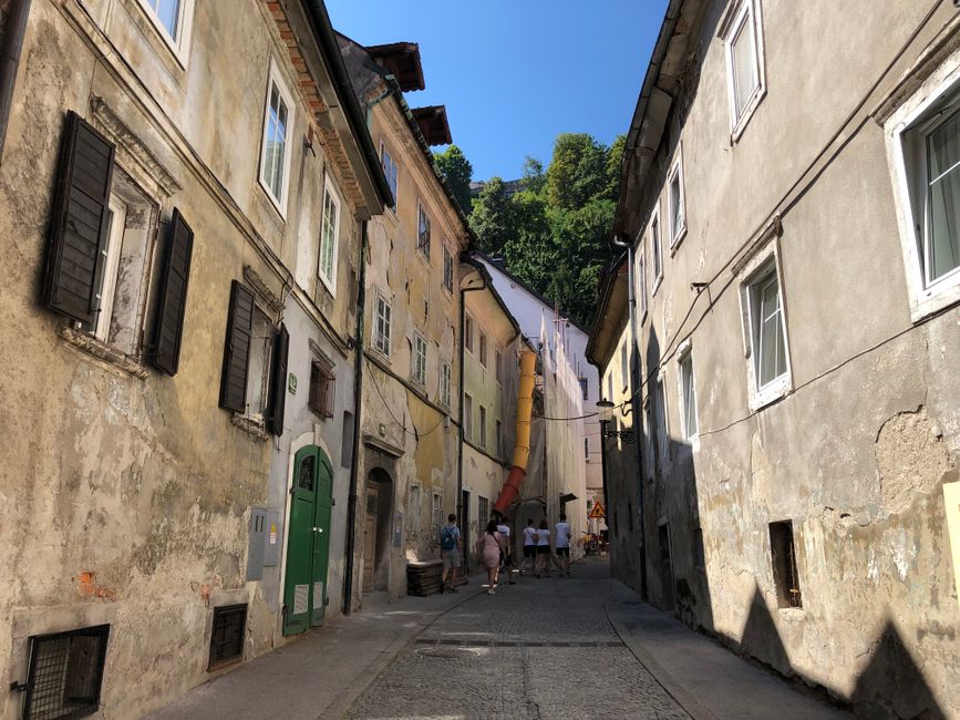 A bustling shopping street in Ljubljana, Slovenia, with historic buildings and people browsing