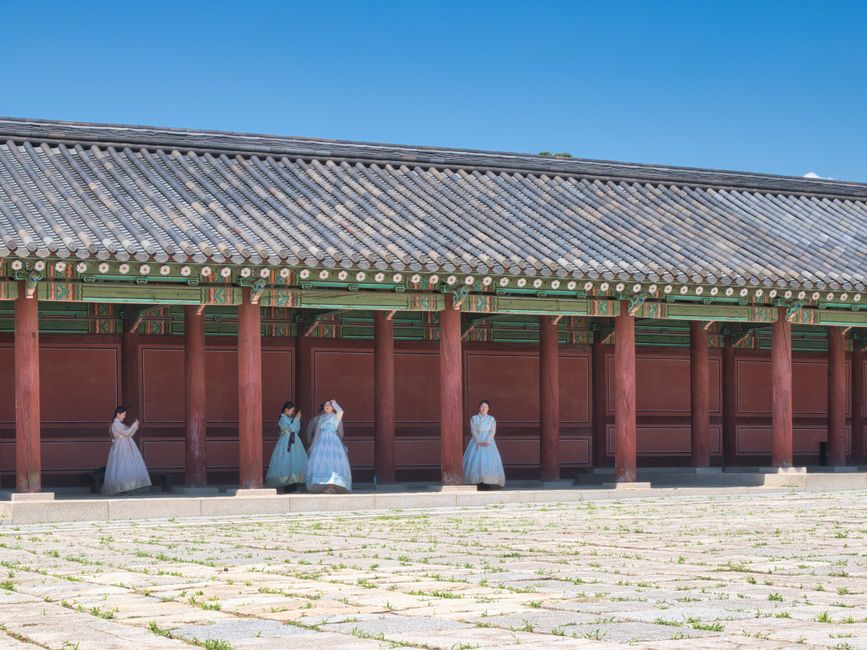 Traveler wearing Hanbok at Gyeongbokgung Palace in South Korea