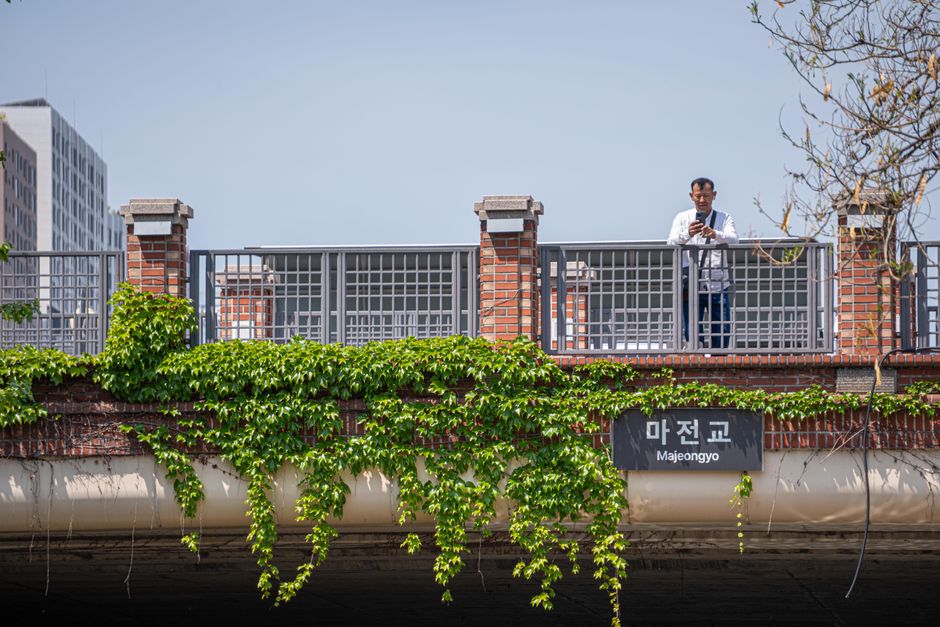 Traveler using a smartphone with Seoul cityscape in the background, South Korea