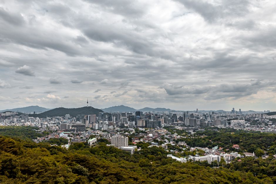 Vibrant autumn foliage around Namsan Tower in Seoul, South Korea