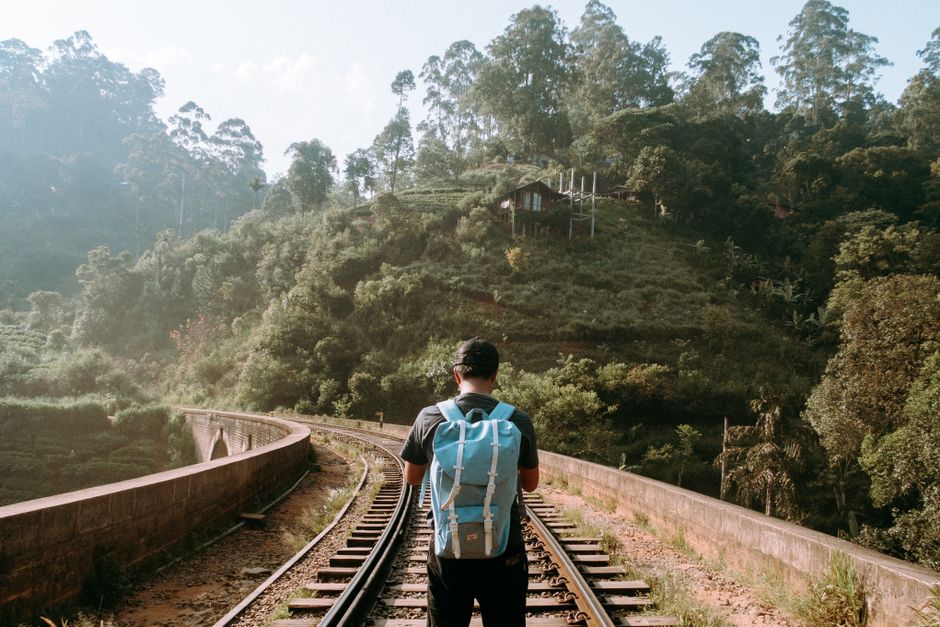 A blue train winding through lush green tea plantations in the Sri Lankan highlands between Kandy and Ella