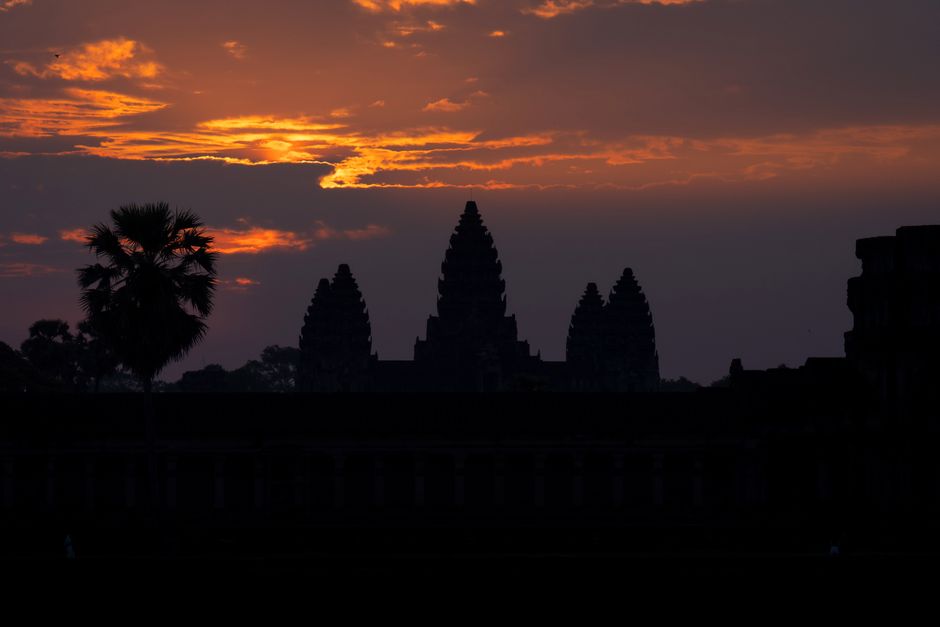 Iconic sunrise over Angkor Wat temple in Siem Reap, Cambodia