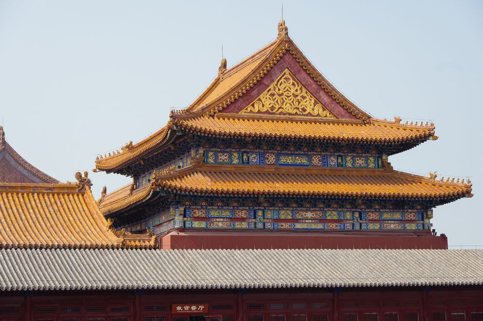 Panoramic view of the Forbidden City in Beijing, China, with traditional imperial architecture