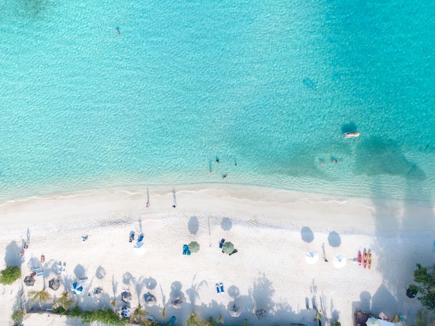 Stunning Seven Mile Beach in Negril, Jamaica, with clear blue water and palm trees.