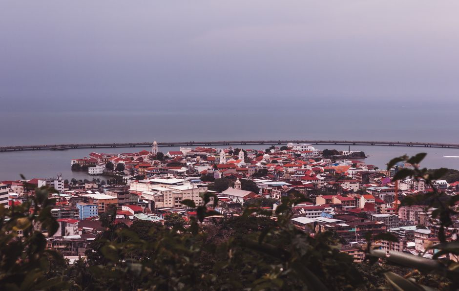 Panama City skyline with historic Casco Viejo and modern buildings by the Pacific Ocean