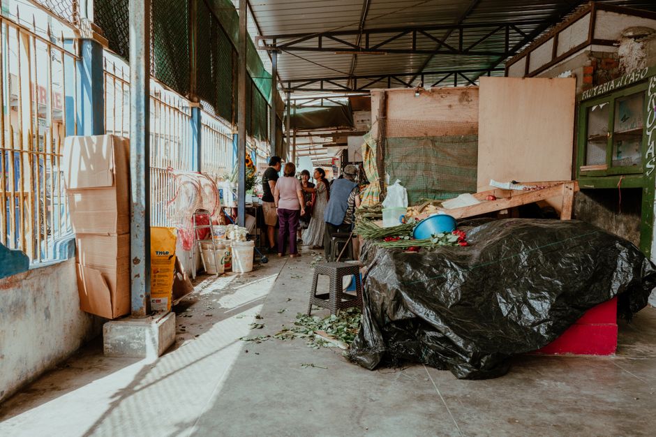 Colorful local market in Peru with traditional crafts and food