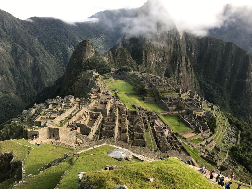 Traveler looking at a map with Machu Picchu in Peru in the background